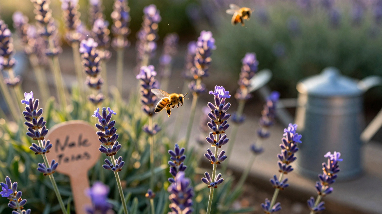 Abelhas a voar sobre flores de lavanda com regador metálico desfocado ao fundo.
