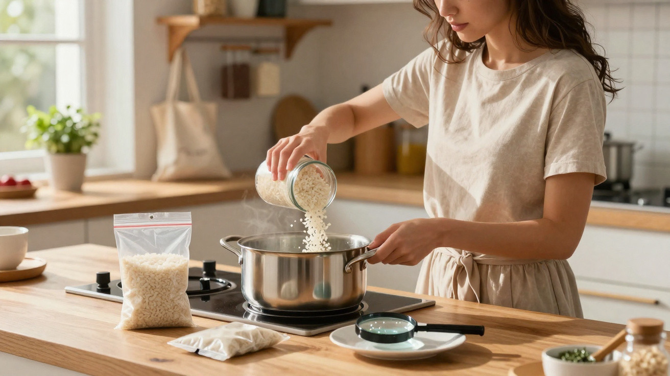Mulher de vestido bege a deitar arroz numa panela numa cozinha moderna e iluminada.