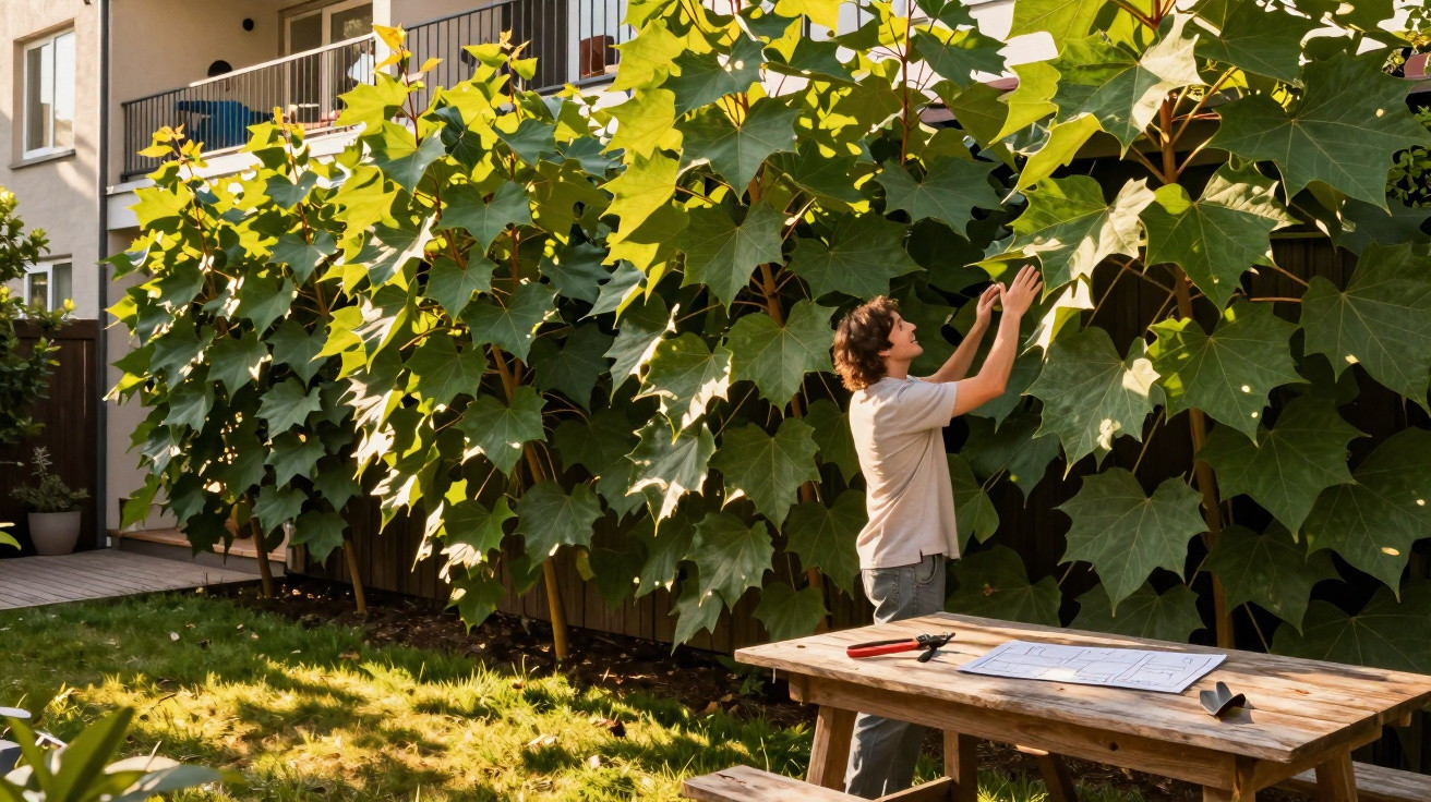 Homem a cuidar de plantas verdes grandes num jardim com mesa de madeira ao sol.