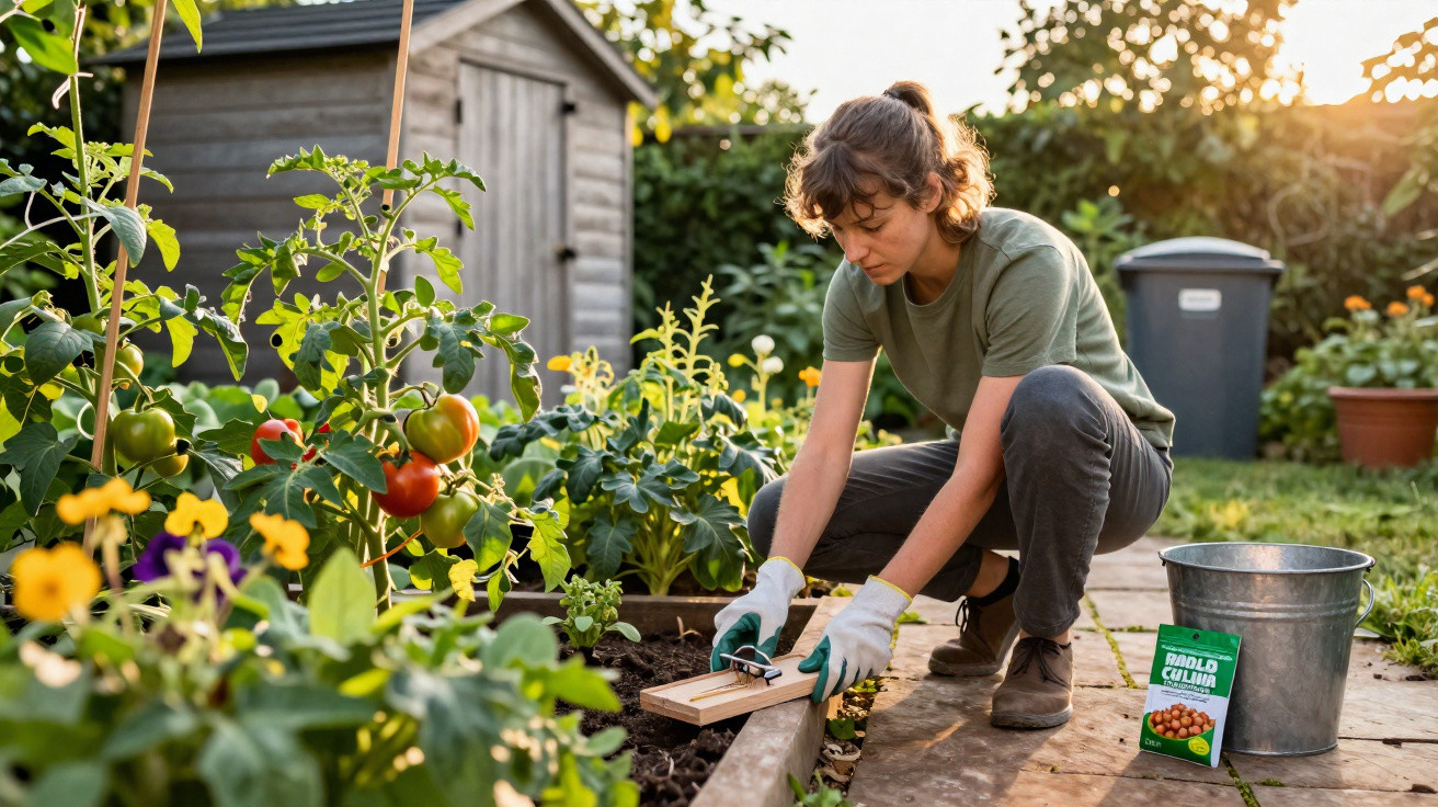 Mulher a jardinar num canteiro com luvas, juntamente com tomateiras e flores ao redor, ao pôr do sol.