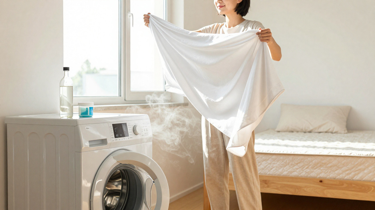 Mulher a estender roupa branca quente saída da máquina de lavar num quarto iluminado pela luz natural.