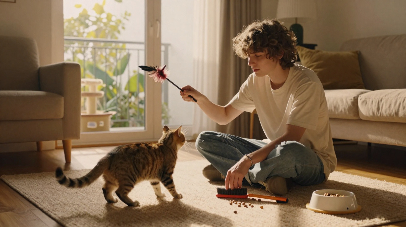 Jovem sentado no chão a brincar com gato num tapete, com brinquedo de pena e comida espalhada.