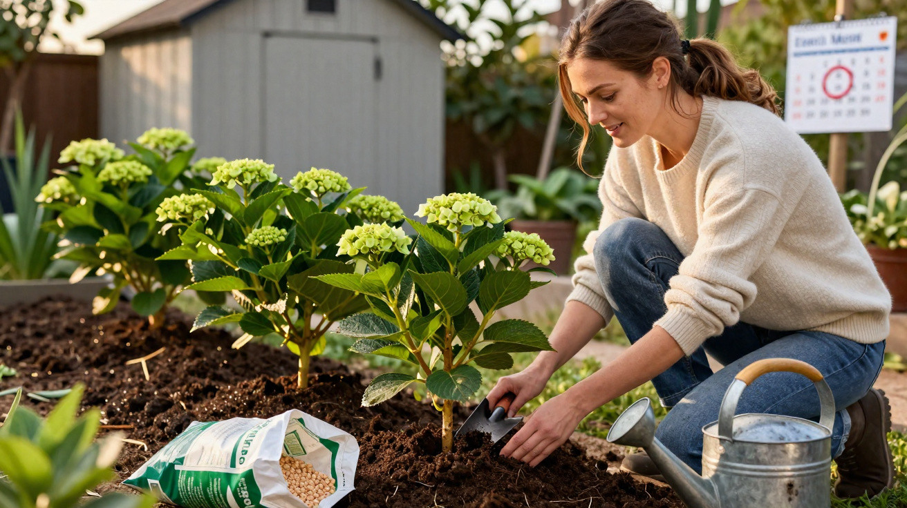 Mulher a plantar hortênsias num jardim com ferramentas de jardinagem e saco de fertilizante.