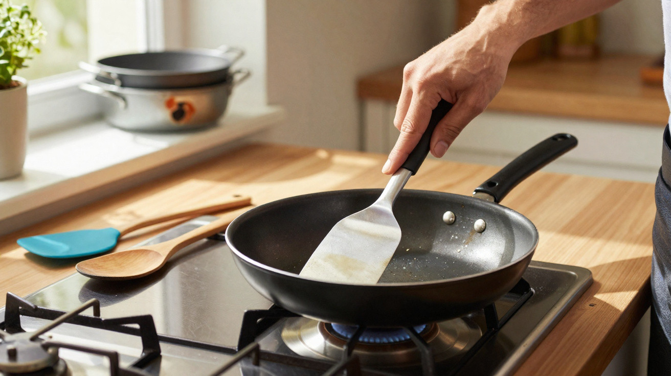 Pessoa a segurar uma espátula e cozinhar numa frigideira sobre fogão a gás numa cozinha iluminada.