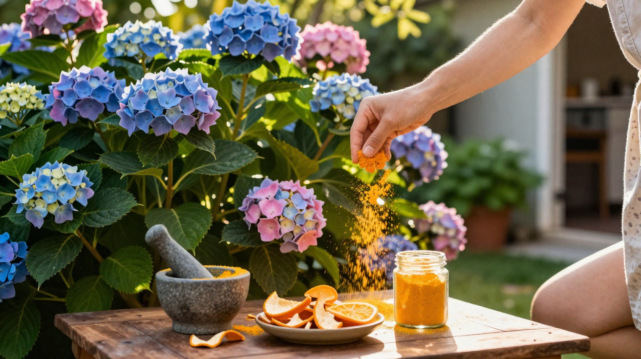 Pessoa a adicionar cúrcuma em pó numa mesa de madeira ao ar livre, com flores azuis e rosas ao fundo.