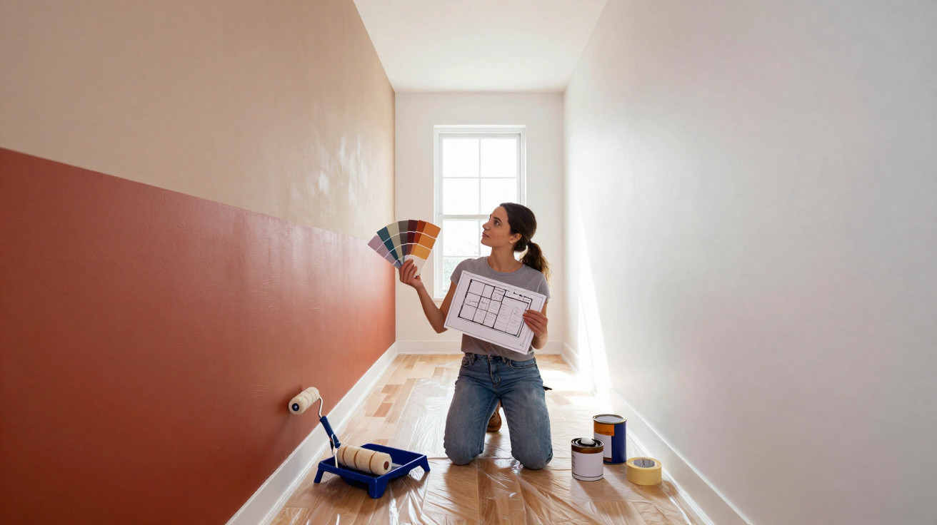 Mulher com amostras de cor e plantas de pintura decide cor para parede em sala iluminada.