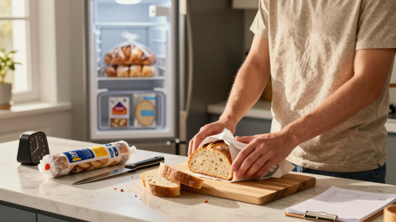 Pessoa a cortar pão caseiro em tábua na cozinha com frigorífico aberto ao fundo.