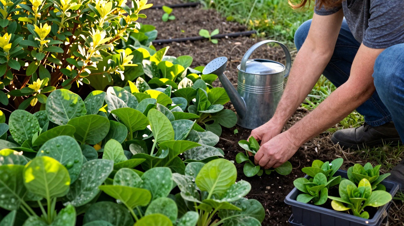 Pessoa a transplantar plantas verdes numa horta com regador metálico ao lado.