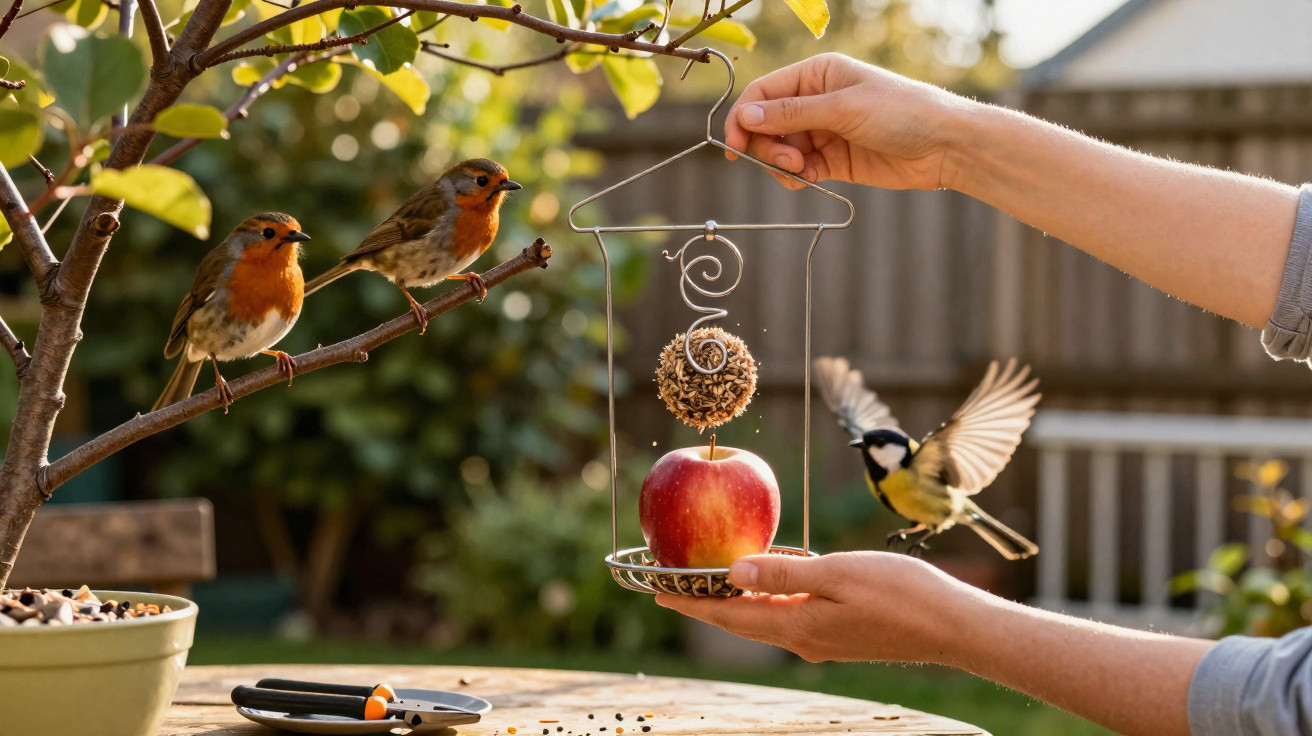 Duas aves pousadas num ramo e uma a voar junto a uma pessoa a segurar comedouro com maçã e semente.