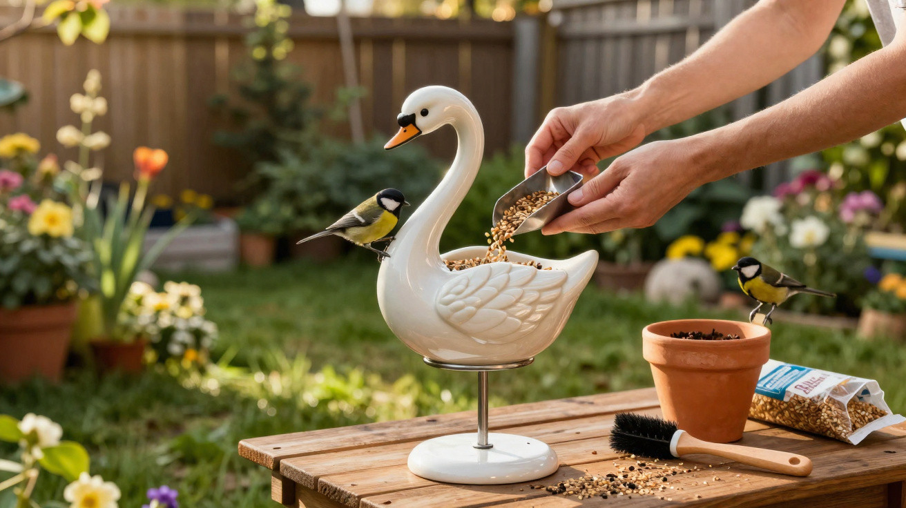Pessoa a encher comedouro em forma de cisne para pássaros num jardim com plantas e flores.