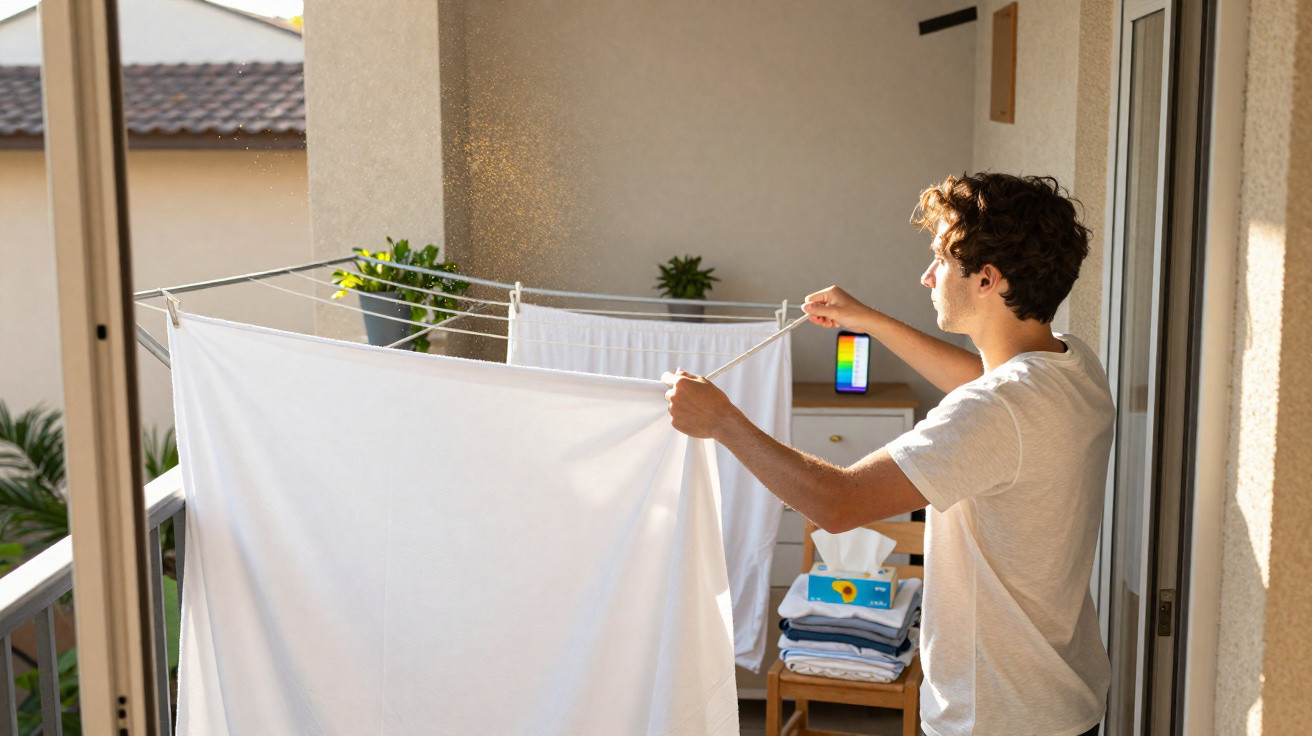 Jovem a estender roupa branca num varal no interior de uma varanda com luz solar suave.