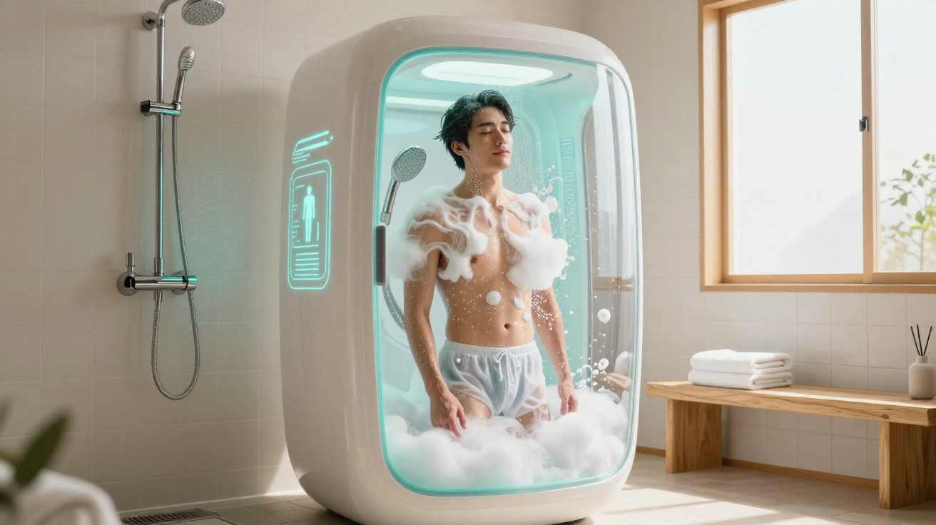 Homem a tomar banho numa cabine de duche futurista com espuma e luzes azuis num espaço luminoso.
