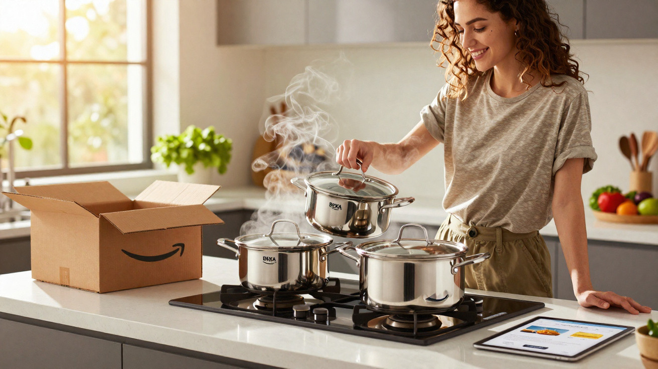 Mulher sorridente na cozinha a levantar tampa de panela na placa de fogão com vapor saindo.