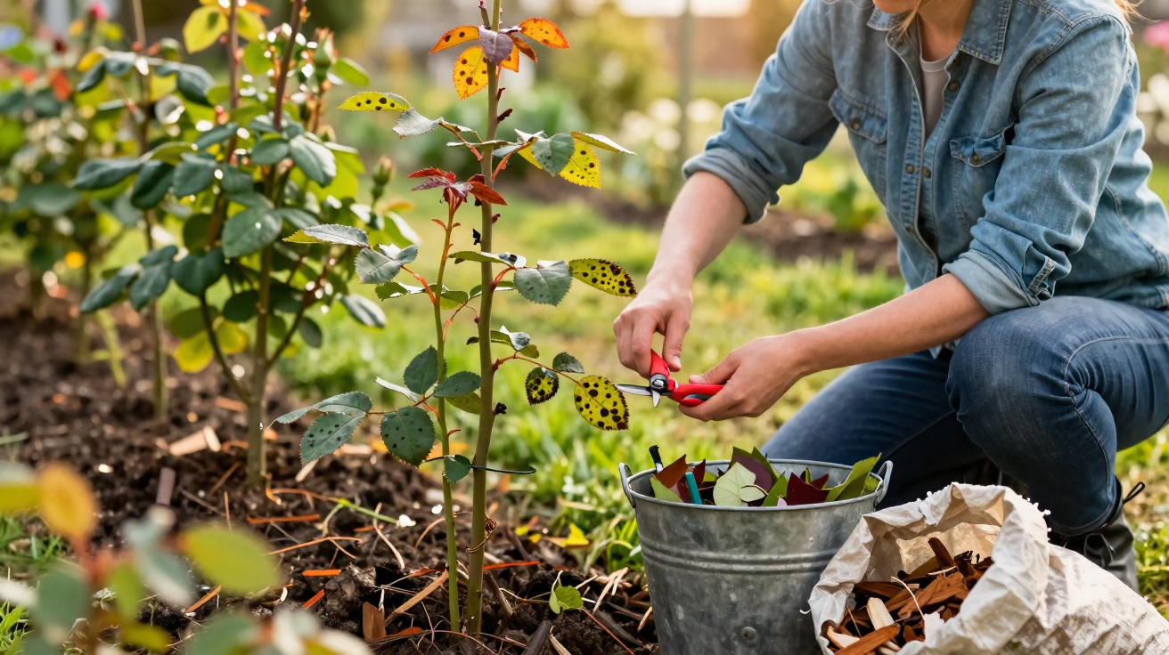 Pessoa a podar plantas num jardim, com ferramentas e folhas cortadas num balde e saco ao lado.