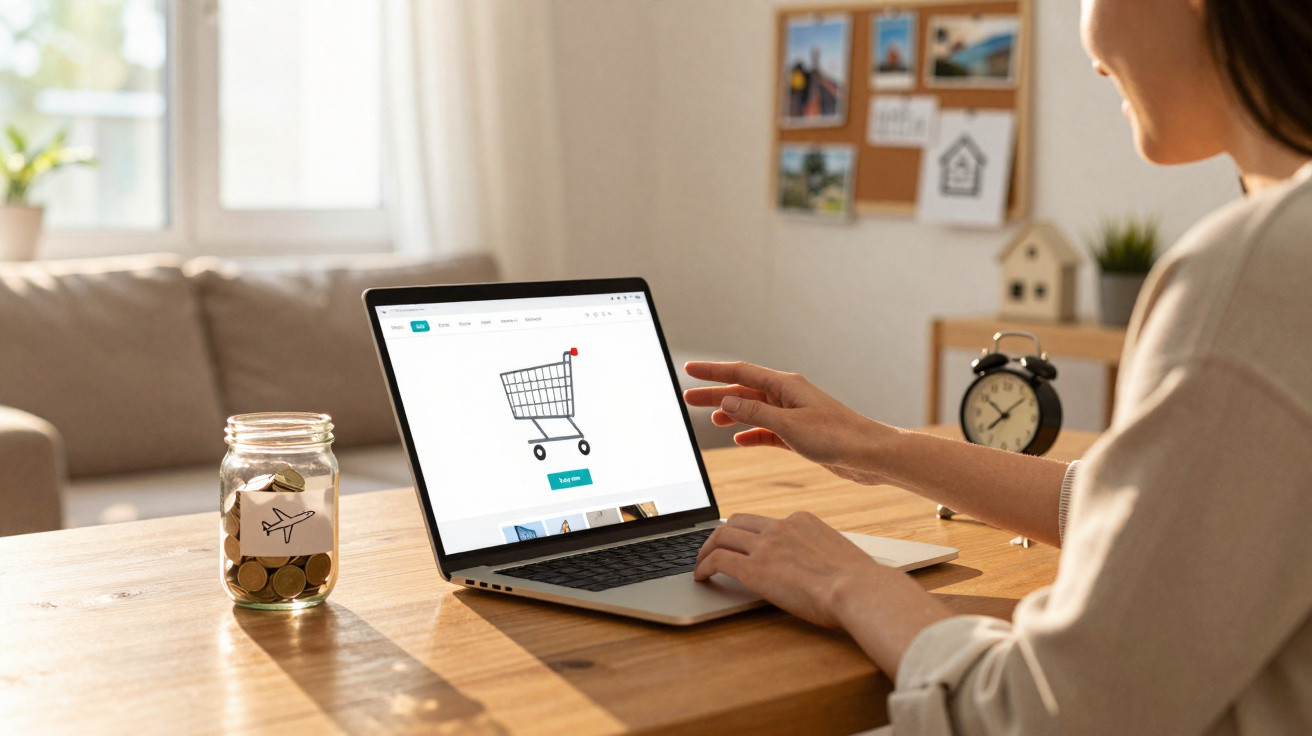 Pessoa a fazer compras online num computador portátil numa mesa de madeira em casa.