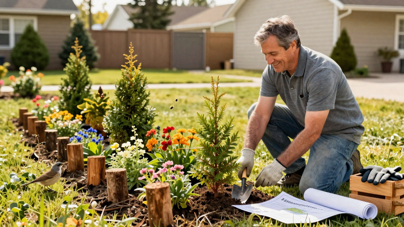 Homem sorridente a plantar árvores e flores num jardim com luvas de jardinagem ao ar livre.