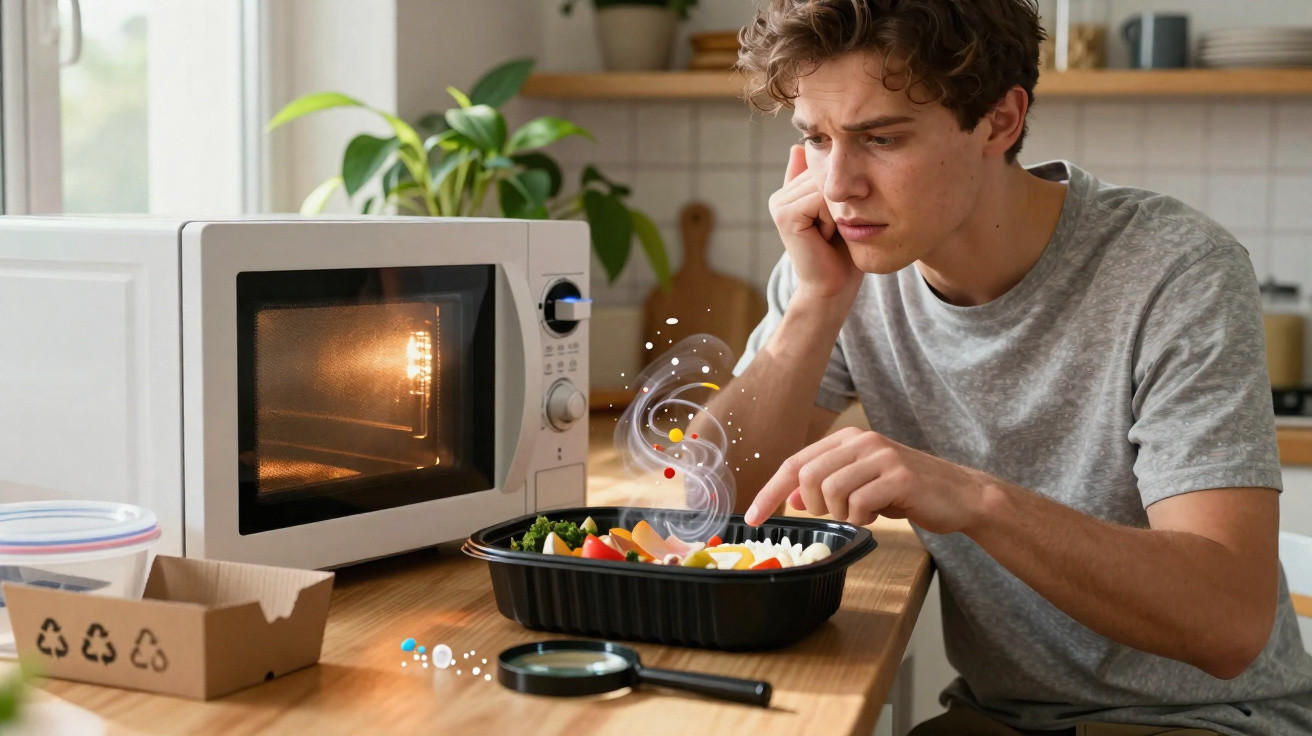 Jovem na cozinha observa com preocupação uma refeição num tabuleiro com um micro-ondas ao lado.