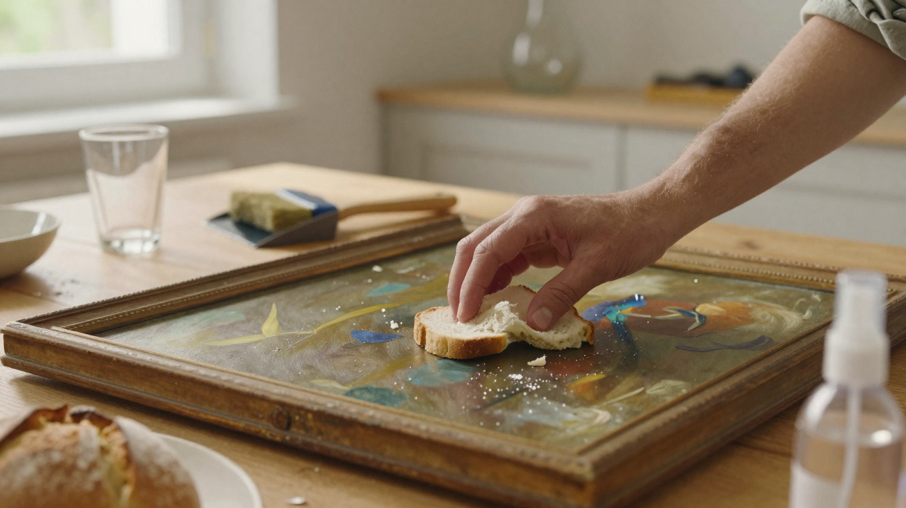 Mão a alimentar pomba com pão partido sobre uma moldura de pintura numa mesa de madeira.