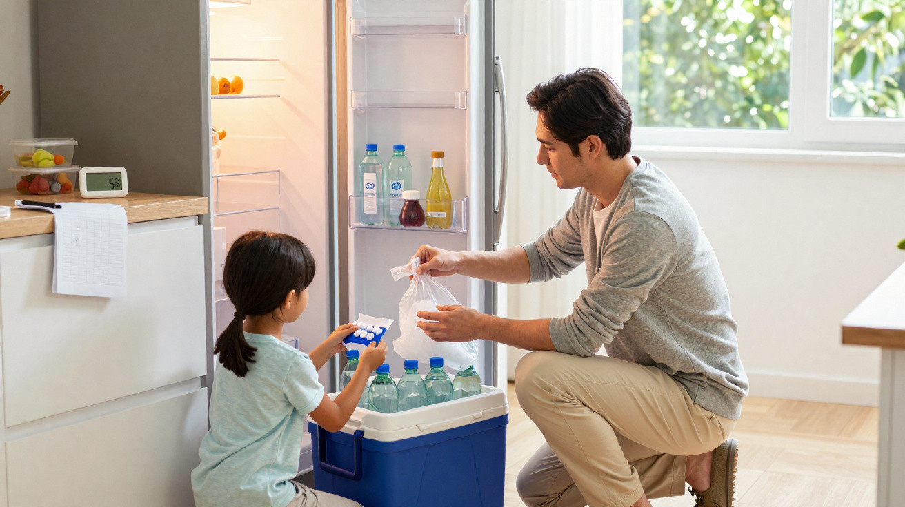 Pai e filha a colocar gelo numa caixa isotérmica na cozinha, junto a um frigorífico aberto.