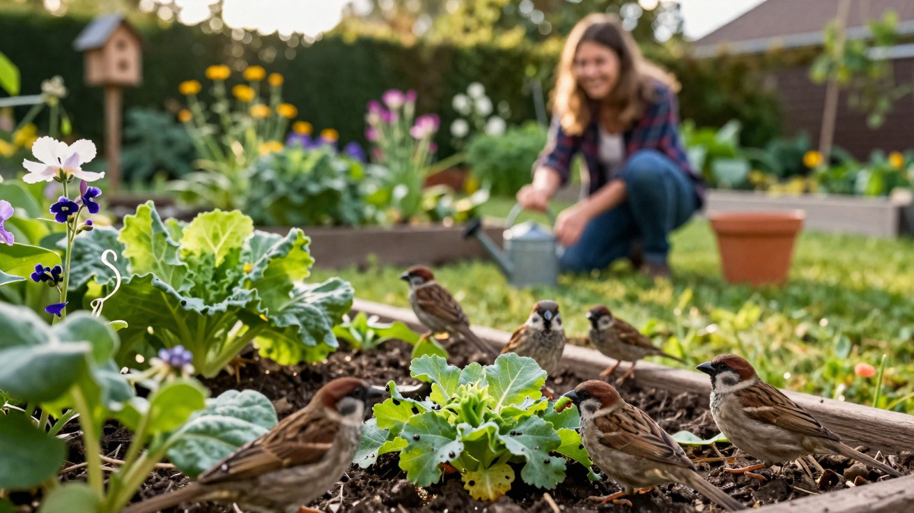 Pássaros no canteiro de horta com mulher ao fundo a regar plantas num jardim ensolarado.