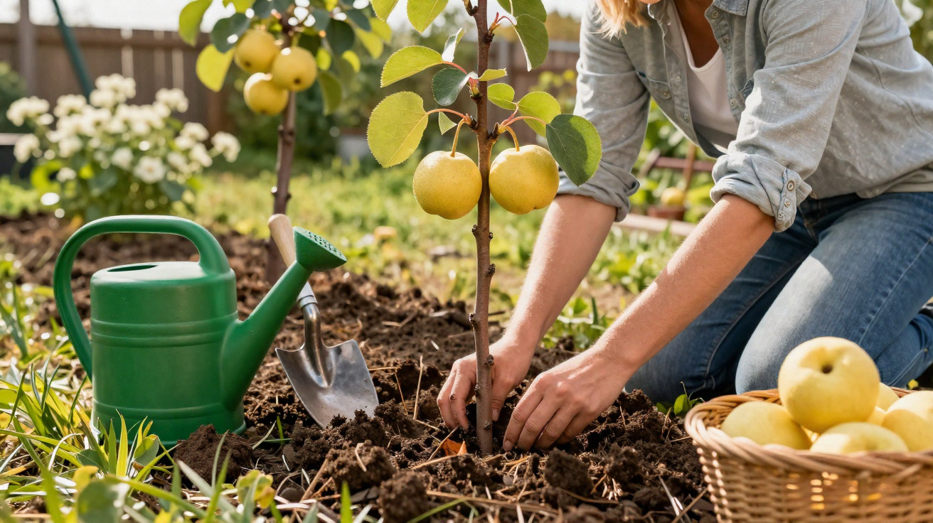 Pessoa a plantar uma macieira jovem num jardim, com regador e cesto de maçãs ao lado.