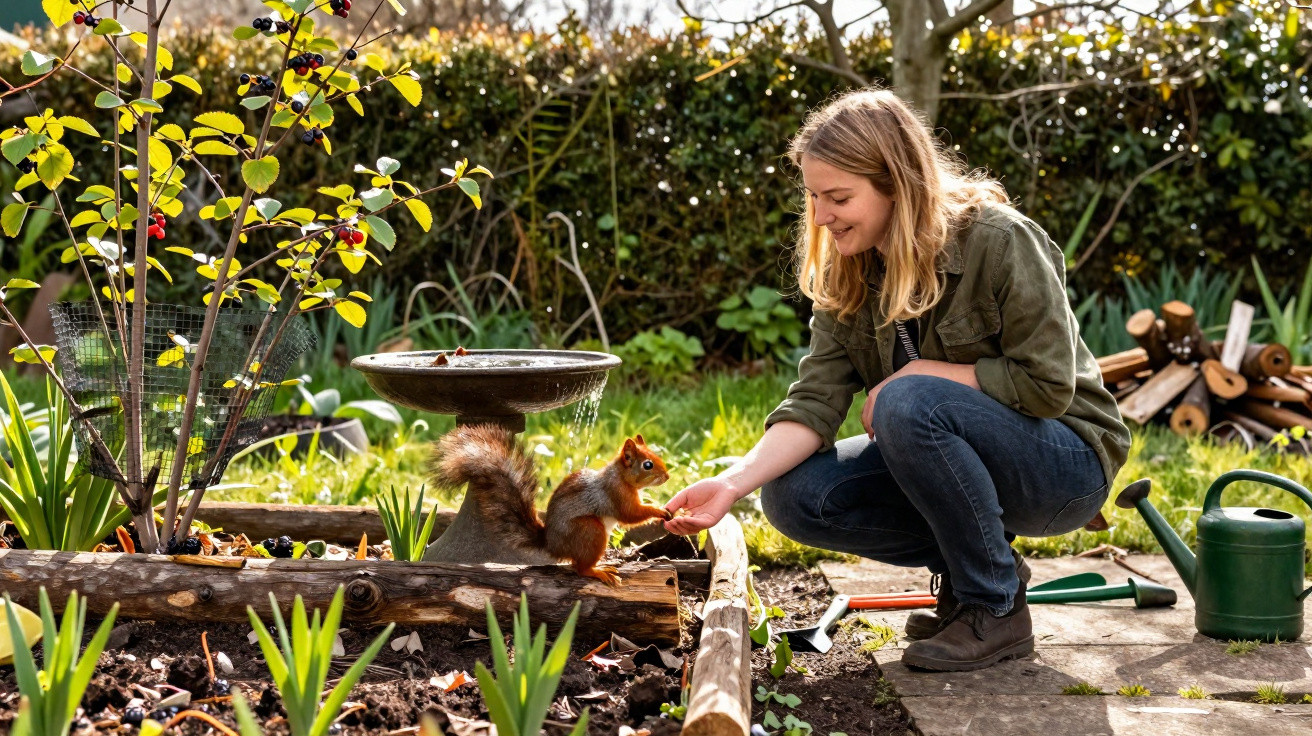 Mulher alimentar esquilo num jardim com plantas e ferramentas de jardinagem ao redor.