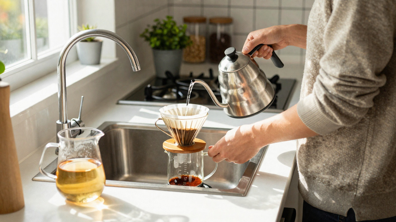 Pessoa a preparar café coado numa cafeteira de vidro numa cozinha moderna bem iluminada.