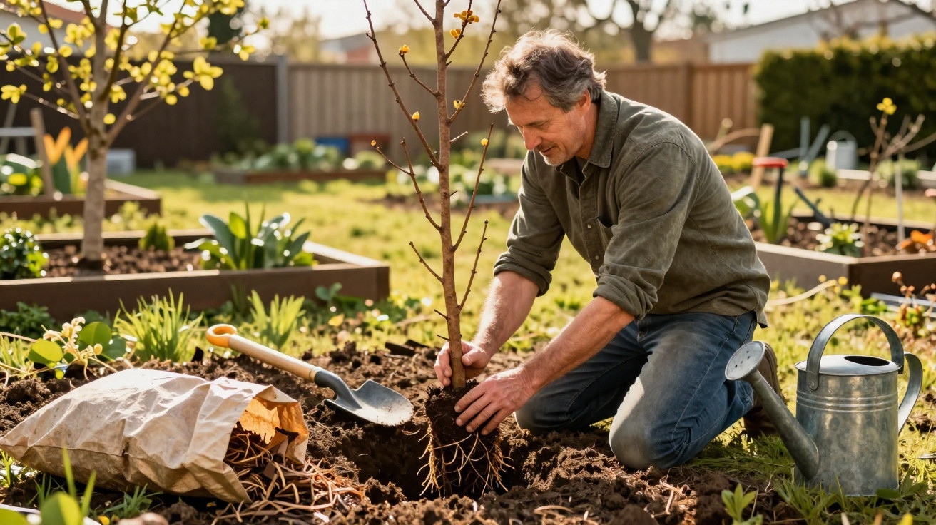 Homem a plantar uma árvore jovem num jardim com várias plantas, regador e pá ao lado.