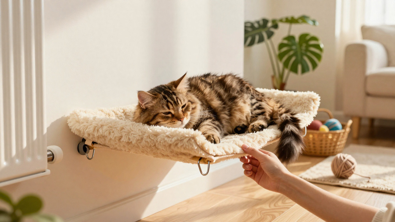 Gato aconchegado numa cama suspensa junto a um aquecedor, com uma mão a tocar a cama.
