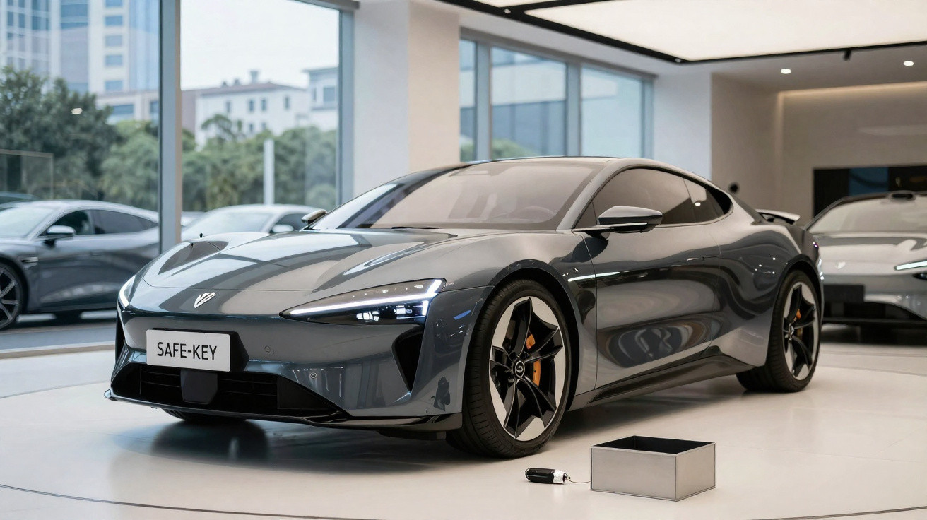 Carro desportivo elétrico cinzento exibido em salão com chave inteligente e caixa ao lado.