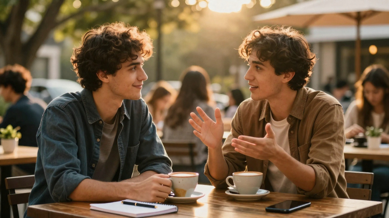 Dois jovens a conversar numa esplanada, com café e caderno sobre a mesa, ao entardecer.