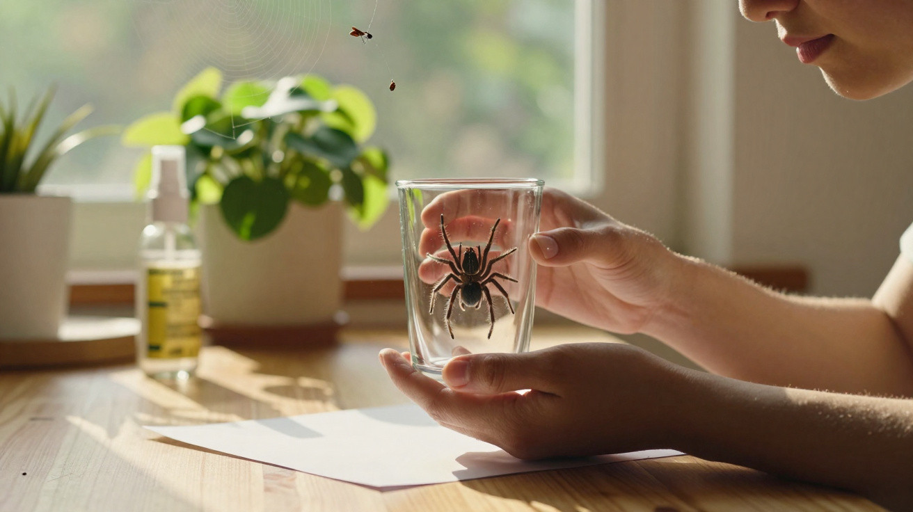 Pessoa segura copo com aranha grande no interior, junto a mesa com plantas e janela ao fundo.
