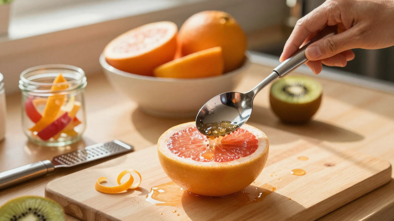 Mão a deitar mel numa toranja cortada ao meio numa tábua de madeira com frutos e ralador ao fundo.
