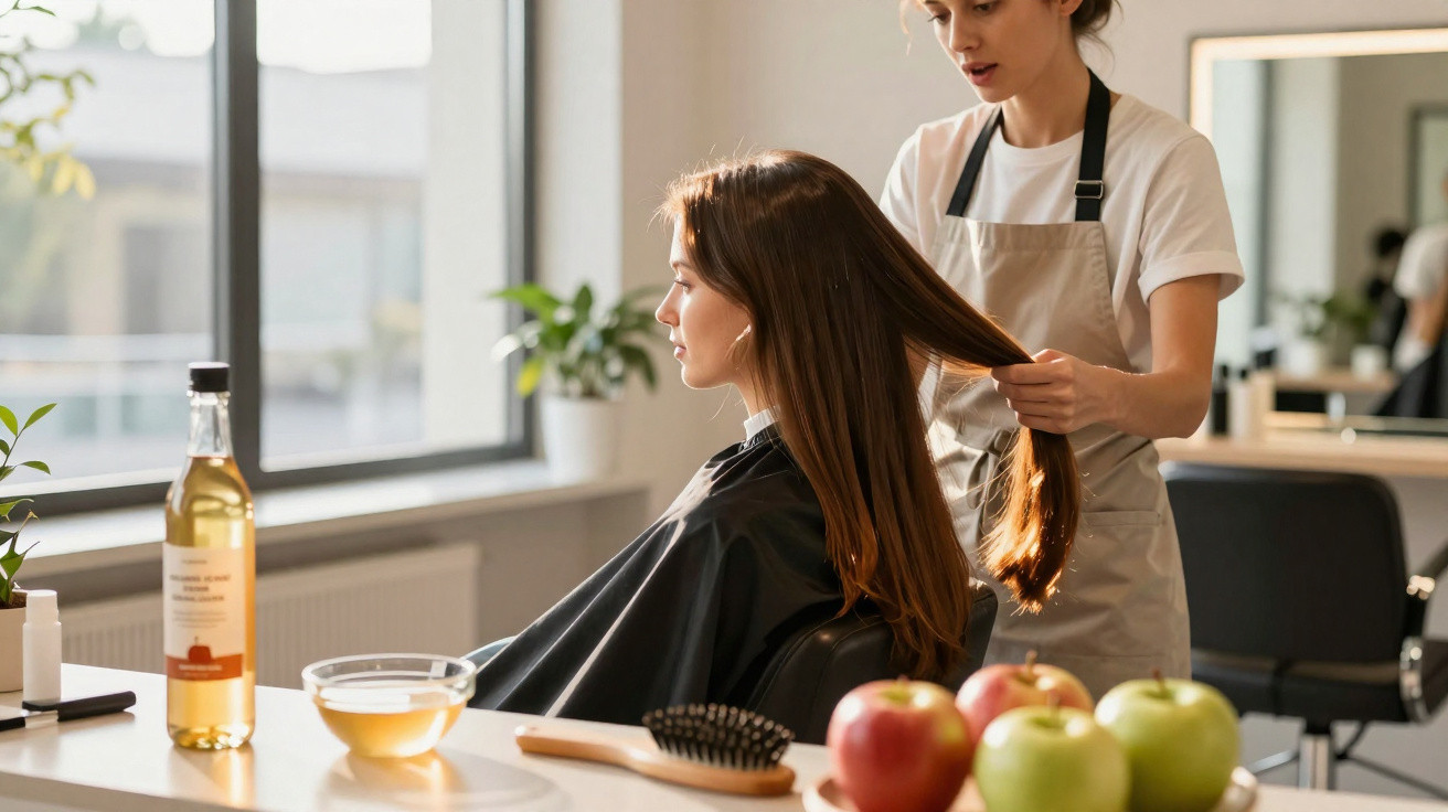 Mulher num salão de cabeleireiro a receber tratamento capilar com maçãs e produtos naturais na mesa.