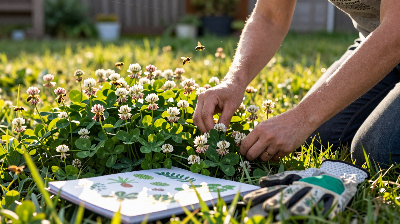 Pessoa a recolher trevos com flores num campo ensolarado, com luvas e caderno de plantas na relva.