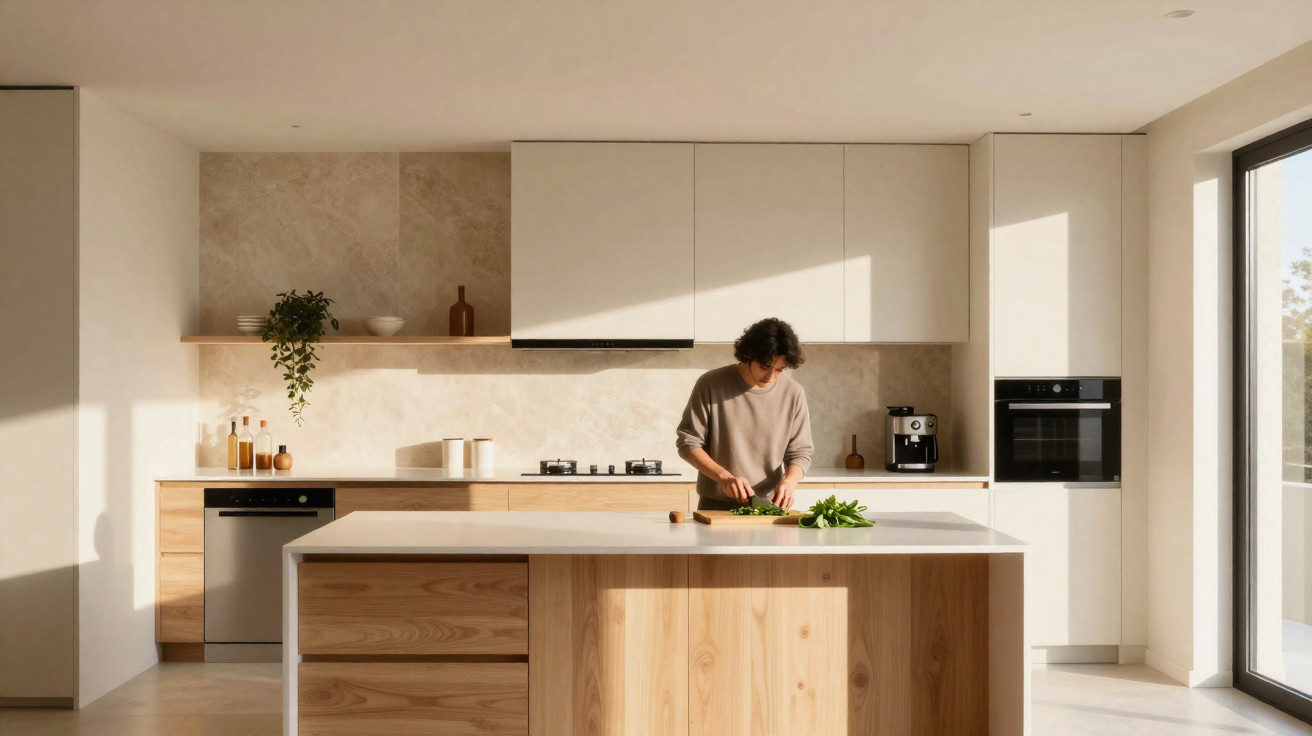 Cozinha moderna com ilha central em madeira clara, vários armários brancos e pessoa a cortar legumes.