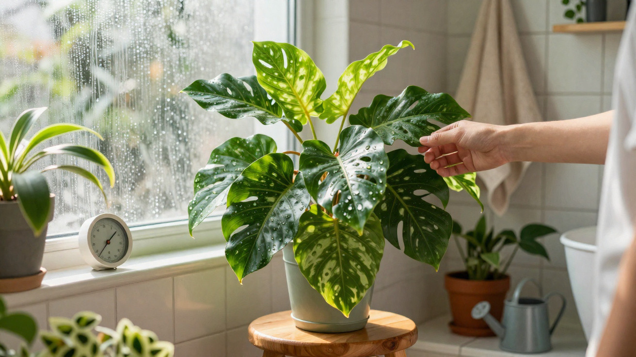 Pessoa a tocar em planta Monstera com gotas de água junto a janela em casa com luz natural.