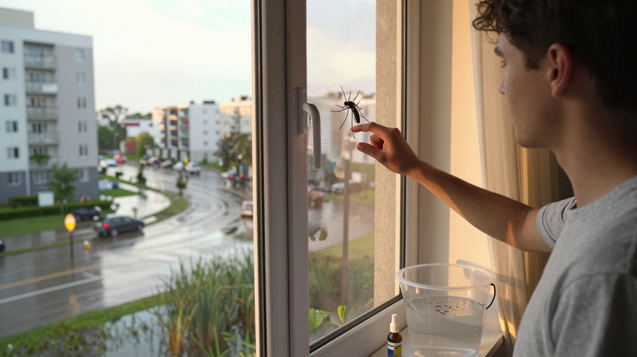 Homem de perfil a tentar apanhar um mosquito numa janela com cidade desfocada ao fundo.