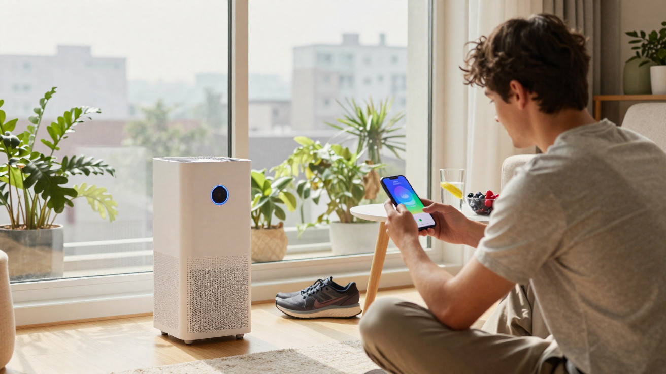 Pessoa a controlar purificador de ar com smartphone numa sala iluminada, com plantas à janela.