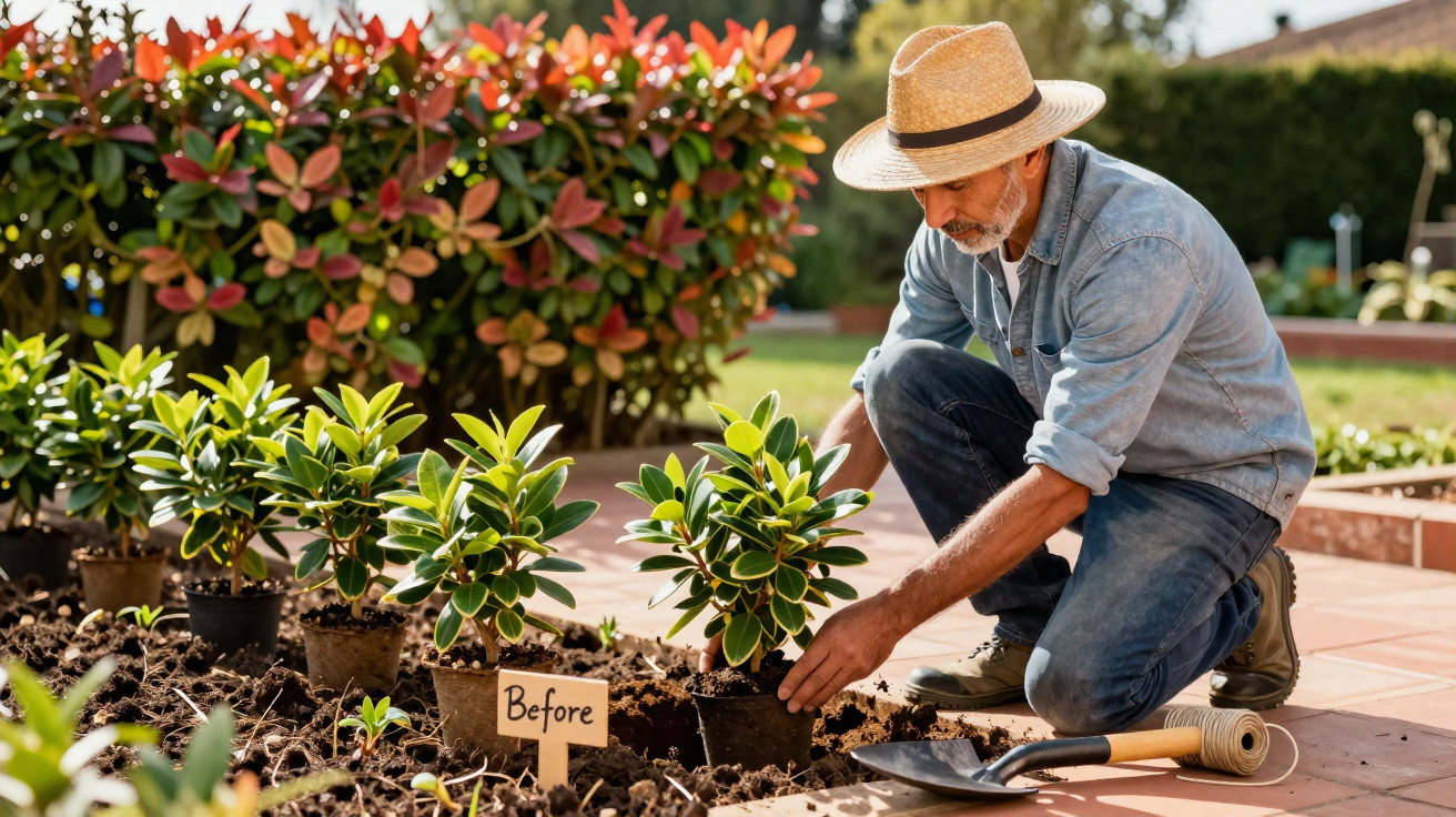 Homem com chapéu planta arbustos em vaso no jardim, com placa escrita "Before" no solo.