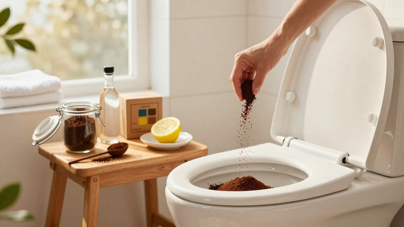 Mão a deitar borra de café num sanitário, com utensílios e limão numa mesa ao lado.