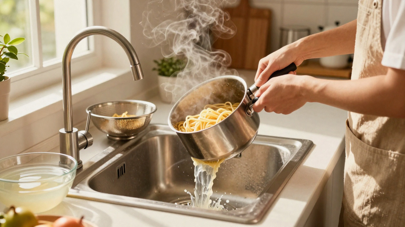 Pessoa a escorrer esparguete quente num lava-loiças de cozinha moderna com luz natural.