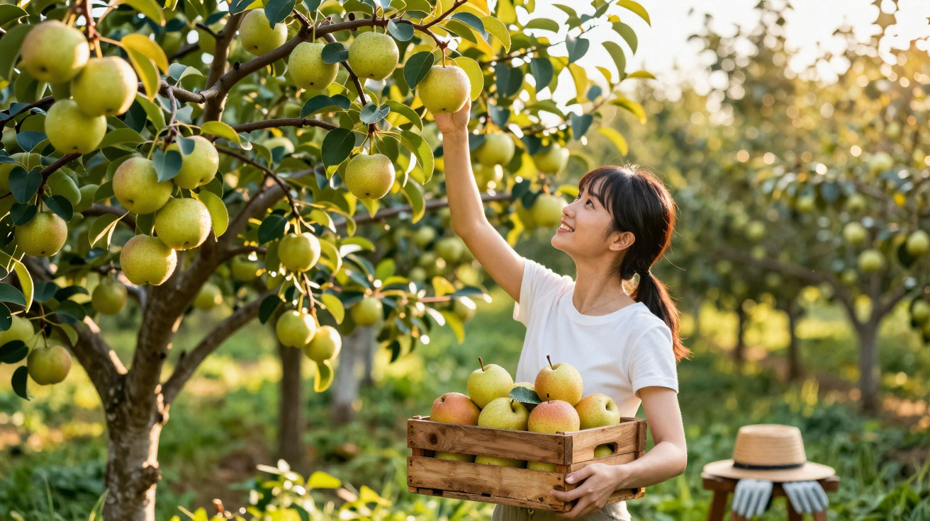 Mulher apanha peras maduras de uma árvore num pomar ao pôr do sol com caixa de madeira cheia de frutas.