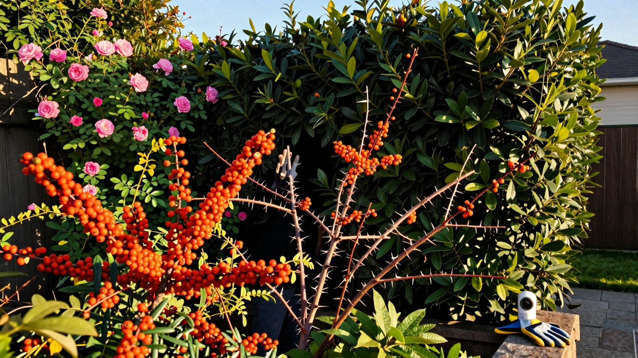 Ramos com bagas laranja, arbusto com flores rosa e vegetação verde num jardim soalheiro com objecto branco sobre pedra.