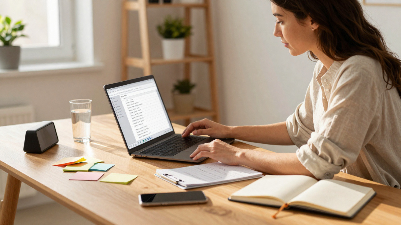 Mulher a trabalhar num computador portátil numa secretária com bloco de notas e telemóvel.