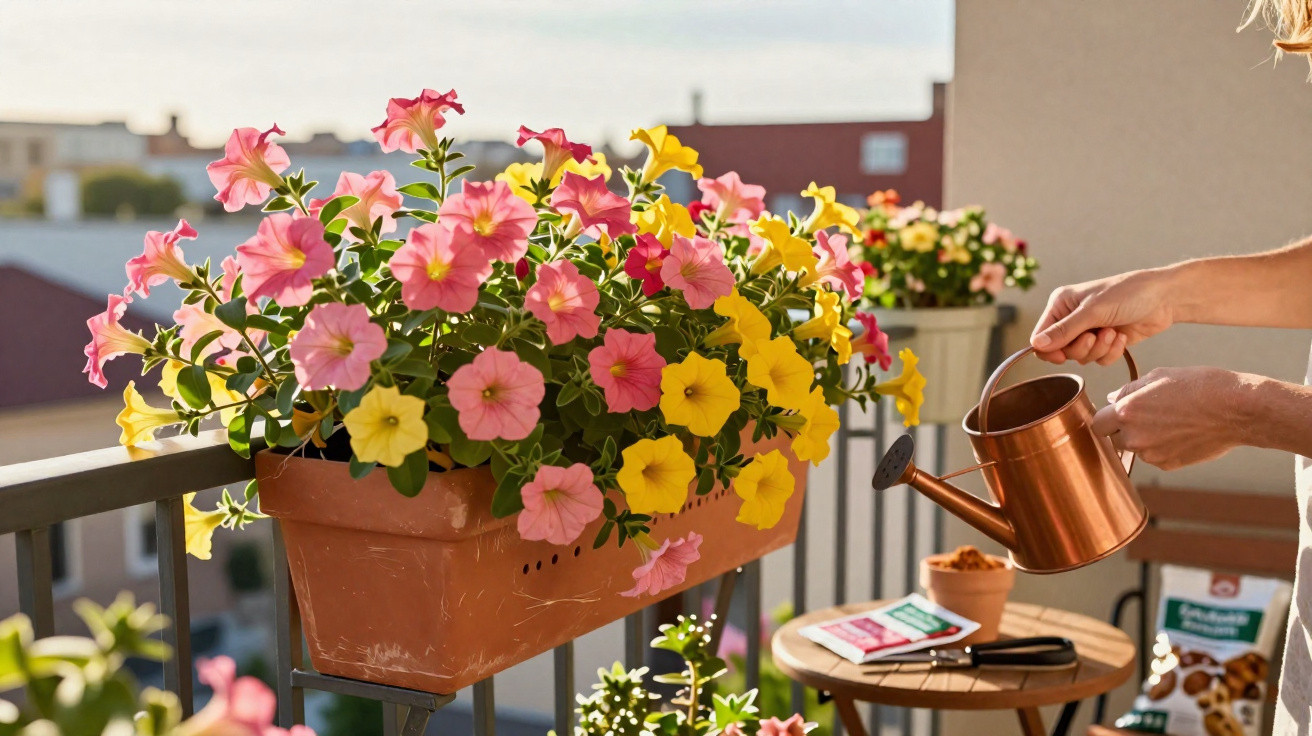 Pessoa a regar flores cor-de-rosa e amarelas num vaso no parapeito de uma varanda ensolarada.