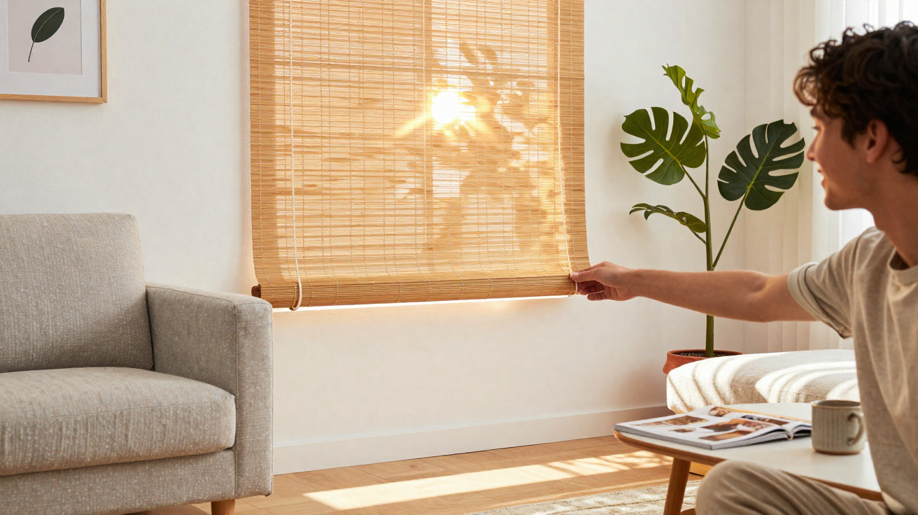 Pessoa a abrir estore de madeira num salão luminoso com sofá cinzento e planta verde.