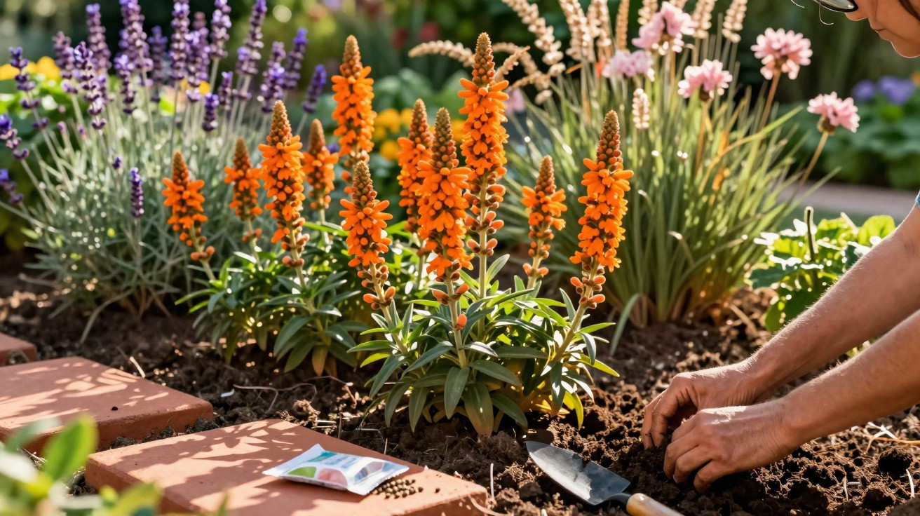 Mãos a plantar sementes em terra junto a flores laranja, lavanda e plantas num jardim com tijolos vermelhos.