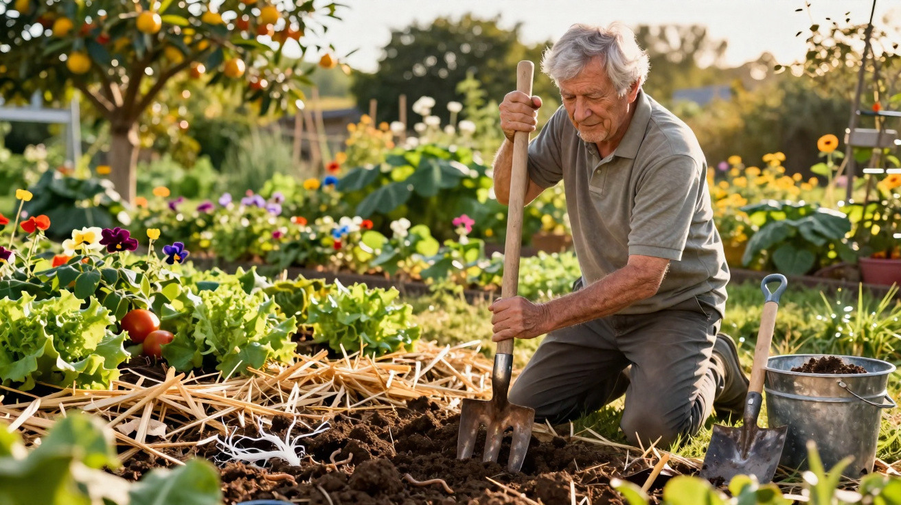 Homem idoso a cavar terra com ferramenta no jardim rodeado de flores e vegetação verde.