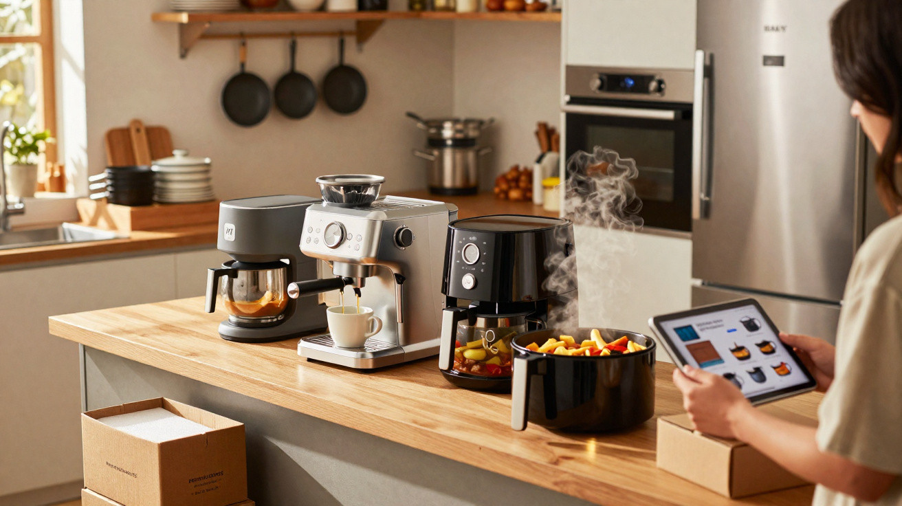 Cozinha moderna com vários pequenos eletrodomésticos na bancada e pessoa a usar tablet para controlar o forno.
